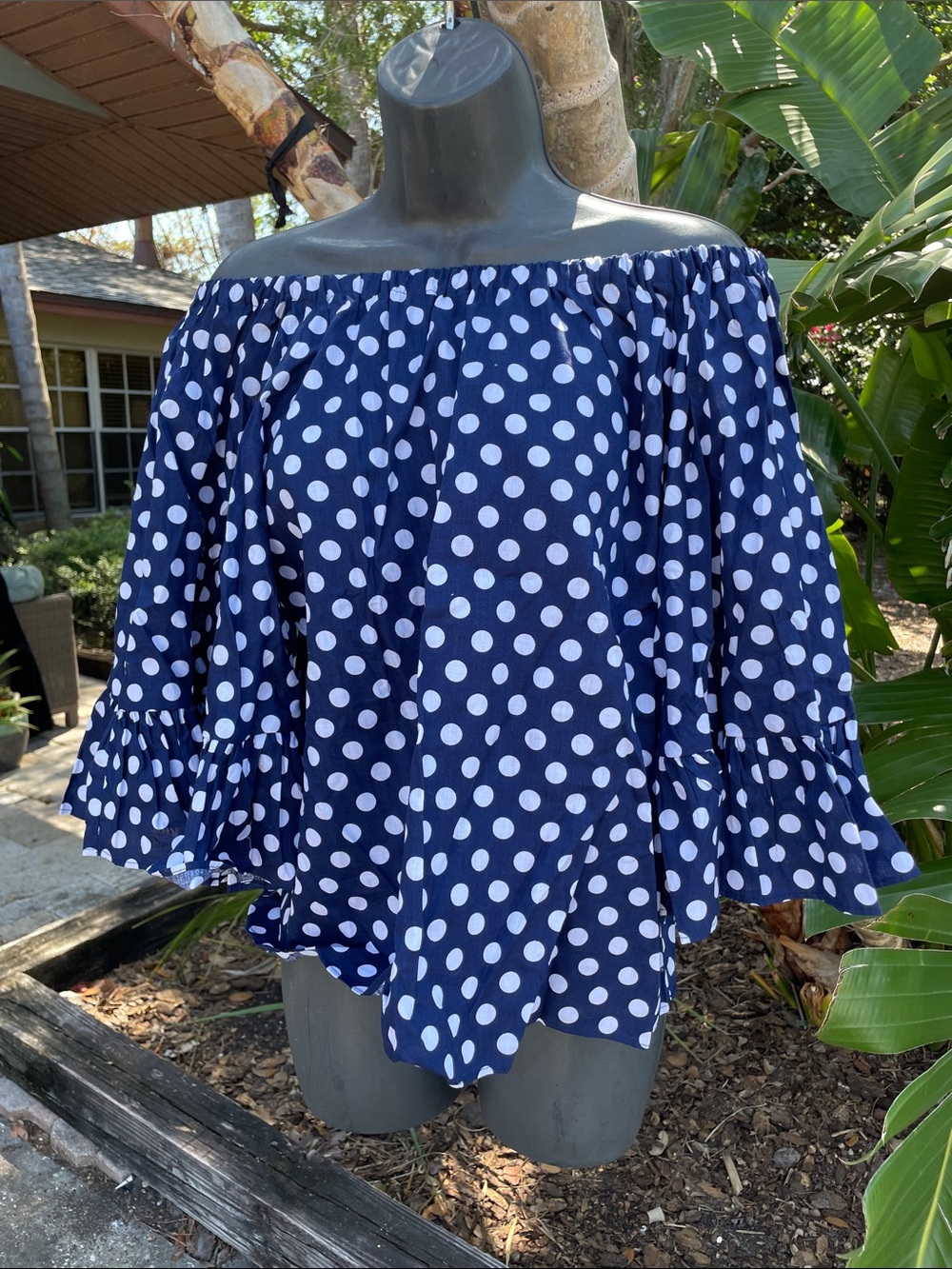 off the shoulder polkadot ruffle bell sleeve top